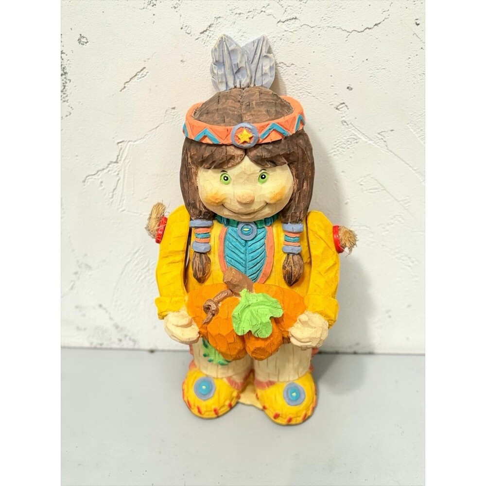 Vtg Native American Girl Thanksgiving Figurine Articulated Arms Wood Look Resin
